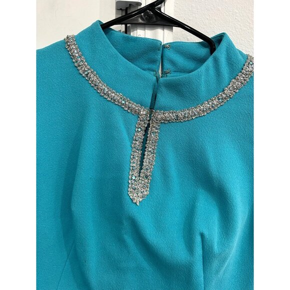 Vintage Sleeveless Turquoise Dress Rhinestone Collar Back Zipper Closure - Picture 4 of 7